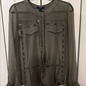 Aryn K Olive Sheer Blouse with Embroidery